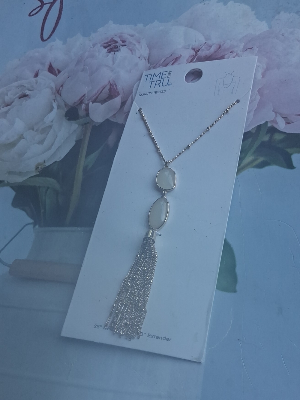 Time and Tru Silver Necklace with White Accents and Tassel Pendant